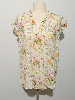 Haver London White Floral Seersucker Tie-Front Semi-Sheer Cap Sleeve Top